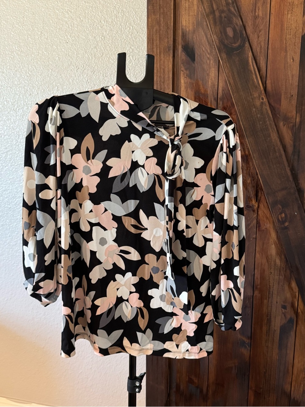 Cato Black Floral Tie-Neck Blouse with Blush and Cream Accents